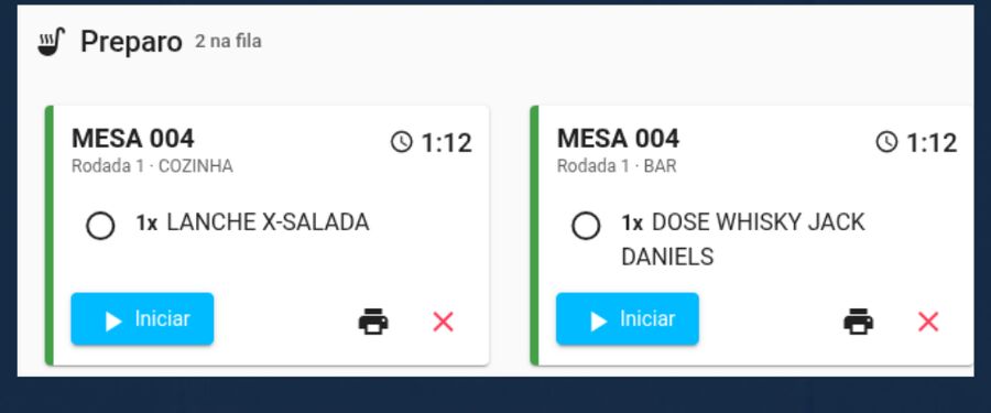 Tela de preparo: o lanche na cozinha e a dose no bar, cada um com o tempo correndo